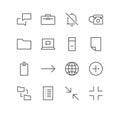 Set of interface and technology icons, world, phone, device, folder, briefcase, size, screen, mail, document.