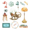 Set of interior design elements isolated on a white background. Boho Inspiration mood board with home decor items. Decor