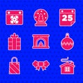 Set Interior fireplace, Bow tie, Merry Christmas house, ball, shopping bag, Gift box, Calendar and icon. Vector Royalty Free Stock Photo