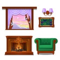 Set of interior items isolated on white background. Wooden window, wall sconce, fireplace, butterfly collection. Vector Royalty Free Stock Photo