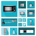 Set of Interior kitchen with kitchen shelves and cooking utensil