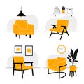 Set of interiors with armchairs. Simple furniture elements. Royalty Free Stock Photo
