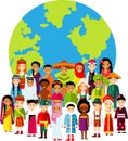 Vector illustration of multicultural national children, people on planet earth. Royalty Free Stock Photo