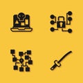 Set Internet piracy, Katana, Neural network and Cyber security icon with long shadow. Vector