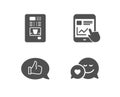 Internet report, Feedback and Coffee vending icons. Dating sign.