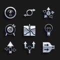 Set Intersection point, Arrow, Light bulb, Target, Many ways directional arrow and Digital speed meter icon. Vector