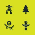 Set Inukshuk, Canadian totem pole, Curling sport game and Christmas tree icon. Vector