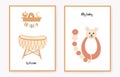 a set of invitation cards for children with a crib and a shelf with toys, and a baby rattle rodent for teeth. sweet baby