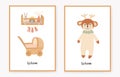 set of invitation cards for children with a cute deer and the interior of the nursery, a stroller and a shelf with toys