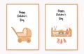 set of invitation cards for children with a shelf with toys and decor and a stroller, happy Children's Day