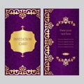 A set of invitation cards. Purple background with gold asian, Kazakh ornament.