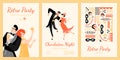 Set of invitation cards to a retro party in the style of the 1920s. Young people drink cocktails and dance in vintage costumes