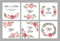 Set invitation vintage card with roses and antique decorative elements.