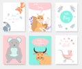 Set of invitations to baby shower, greeting card, koala, fox, hare, squirrel, cow, angel and pram. Vector illustration Royalty Free Stock Photo