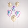 Set of iridescence holographic and gold foil balloons isolated on gray background. Trendy realistic design 3d elements for birthda