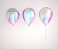 Set of iridescence holographic and silver foil balloons isolated on gray background. Trendy realistic design 3d elements for birth