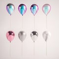 Set of iridescence holographic and silver foil balloons isolated on gray background. Trendy realistic design 3d elements for birth