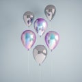 Set of iridescence holographic and silver foil balloons isolated on gray background. Trendy realistic design 3d elements for birth