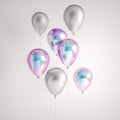 Set of iridescence holographic and silver foil balloons isolated on gray background. Trendy realistic design 3d elements for birth Royalty Free Stock Photo