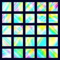 Set of iridescent disco textures. Holographic prism backgrounds. Rainbow glow reflections of light dispersion and reflection in