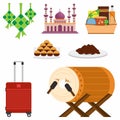 Set of islamic stuff such ketupat, mosque, parcel, suitcase, bedug, cake and dates isolated on white background