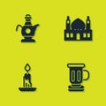 Set Islamic teapot, Medieval goblet, Burning candle and Muslim Mosque icon. Vector