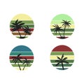 set of island icons. retro sunsets in the style of the 80s and 90s icons. a sunny gradient. Silhouettes of palm trees.