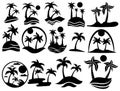 Set of islands with palm trees. The collection of silhouette of palm trees. Black and white vector illustration of a Royalty Free Stock Photo