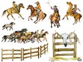 Set of isolat western cowboy, Wild Horses. American rodeo season. Mustang Watercolor