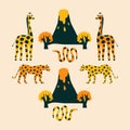 Set of isolated African leopard, giraffe, snake and volcano with colorful trees hand drawn vector illustration. Royalty Free Stock Photo