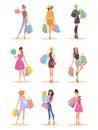 Set of isolated women with bags after shopping Royalty Free Stock Photo