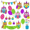 Set of isolated birthday party elements with funny owls