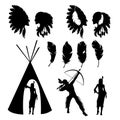 Set of isolated black silhouettes of indians on white background