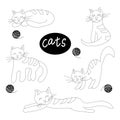 Set of isolated black and white cats in different poses. Favorite pets. Freehand drawing Royalty Free Stock Photo