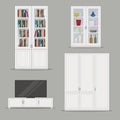 Set of isolated Bookcase, TV Cabinet and Wardrobe Furniture. Royalty Free Stock Photo