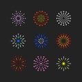 Set of isolated brightly celebration firework balls on dark background flat vector illustration Royalty Free Stock Photo