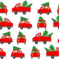 Seamless background, pattern. The car carries a Christmas tree to decorate the house. Colorful vector illustration for the winter