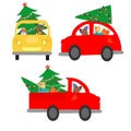 Set of isolated cars carrying a Christmas tree. The machine gives a Christmas tree to decorate the house. Colorful vector illustra