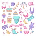 Set of isolated cartoon baby accessories, toys and clothes, collection of vector doodle illustration Royalty Free Stock Photo