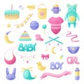 Set of isolated cartoon baby accessories, toys and clothes, collection of vector illustration Royalty Free Stock Photo