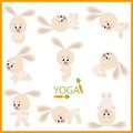 Set of isolated cartoon funny hare icons doing yoga position.