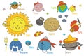 Set of isolated cartoon funny planets of the solar system