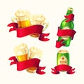 Set of isolated cartoon illustrations beer glasses, glass bottle, aluminum can with red ribbon. Royalty Free Stock Photo