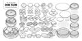 Set of isolated Chinese food, Dim Sum for build your own. Cute hand drawn food illustration in black outline and white plan