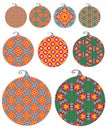 Set of isolated Christmas decorations holiday ornaments in different sizes with fun red, green and gold atterns