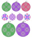 Set of isolated Christmas decorations holiday ornaments in different sizes with fancy ornate patterns in green, purple, and pink