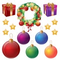 Set of isolated Christmas decorations. Wreath, balls, gift boxes, stars. Vector illustration.