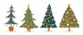 Set of isolated christmas trees on white background. Decorated christmas tree collection. Hand drawn vector flat Royalty Free Stock Photo