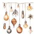 Set of isolated Christmas vintage lighting decorations in watercolor style. Generative AI Royalty Free Stock Photo
