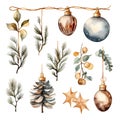 Set of isolated christmas vintage ornament decoration in watercolor style. Generative AI